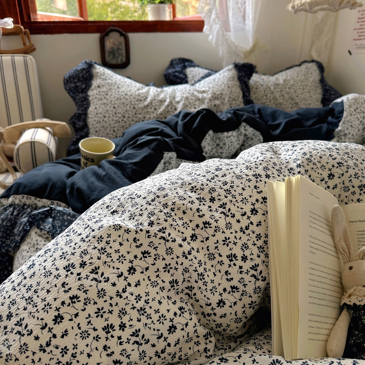 91家纺网 家纺一手货源 找家纺 阿曼达 2026新款印花复古森系小碎花花边款四件套 复古森系-林间序-奶白