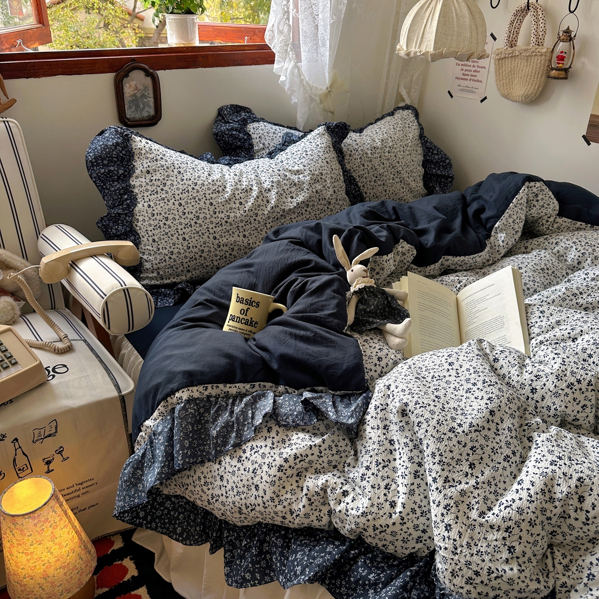 91家纺网 家纺一手货源 找家纺 阿曼达 2026新款印花复古森系小碎花花边款四件套 复古森系-林间序-奶白