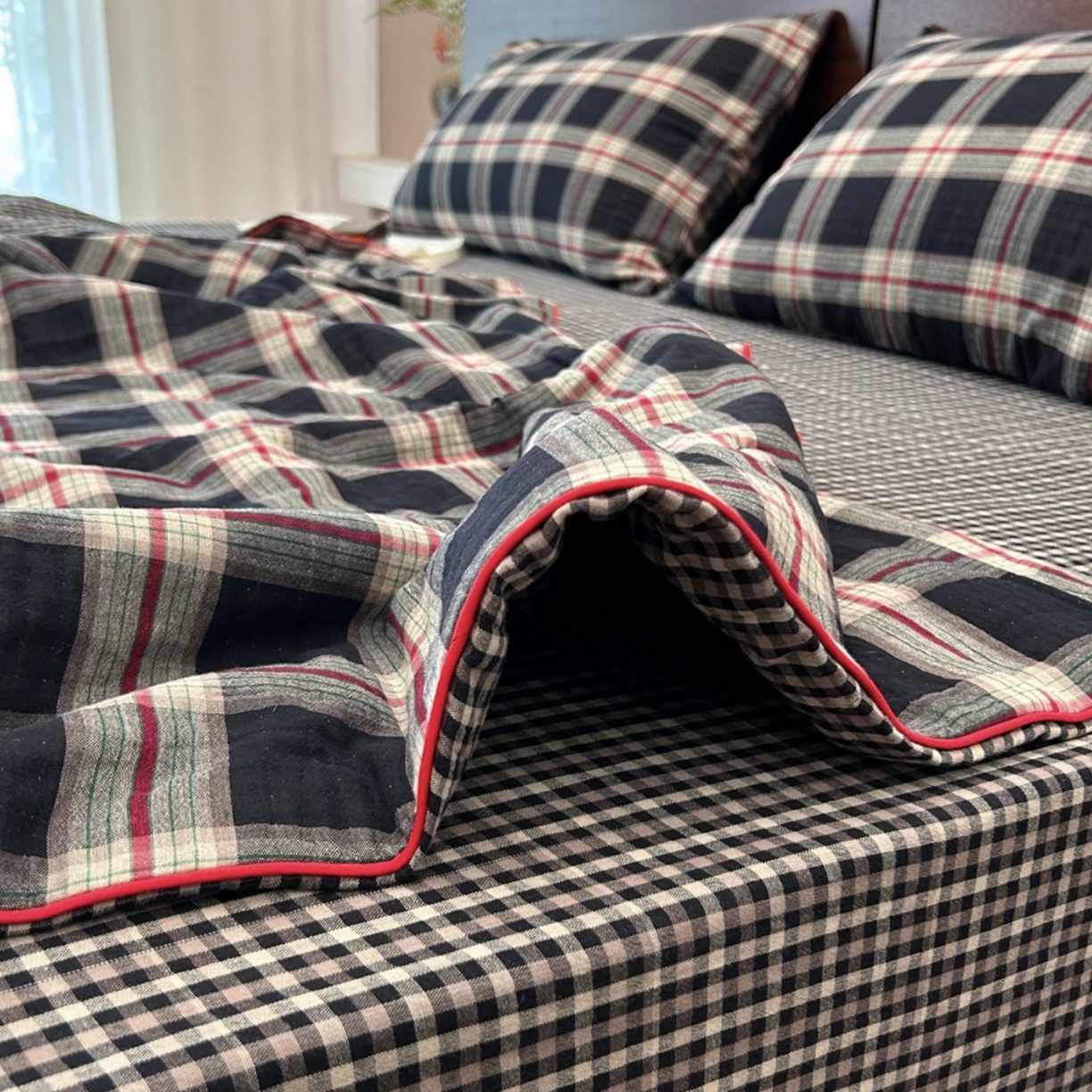 91家纺网 家纺一手货源 找家纺 （总）双层纱家居 2025新款格缦全棉色织双层纱系列冬被被子