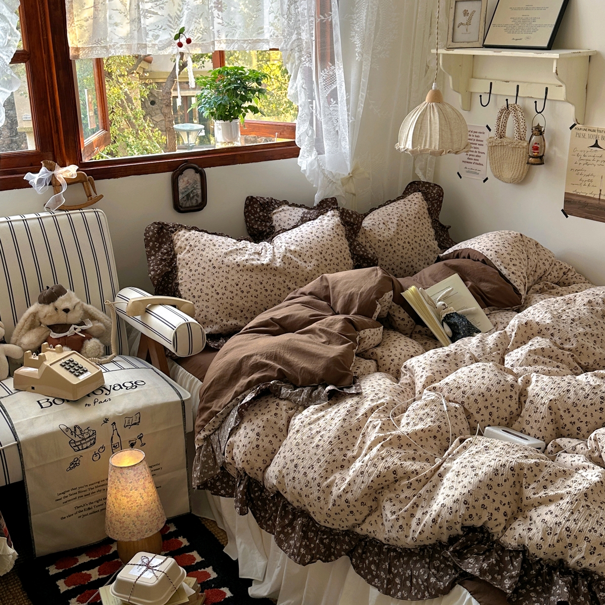 91家纺网 家纺一手货源 找家纺 阿曼达 2026新款印花复古森系小碎花花边款四件套 复古森系-木棉笺-驼