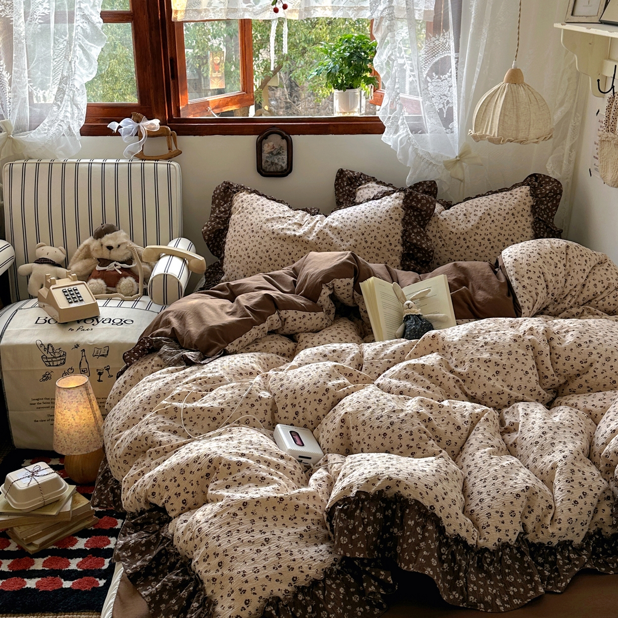 91家纺网 家纺一手货源 找家纺 阿曼达 2026新款印花复古森系小碎花花边款四件套 复古森系-木棉笺-驼