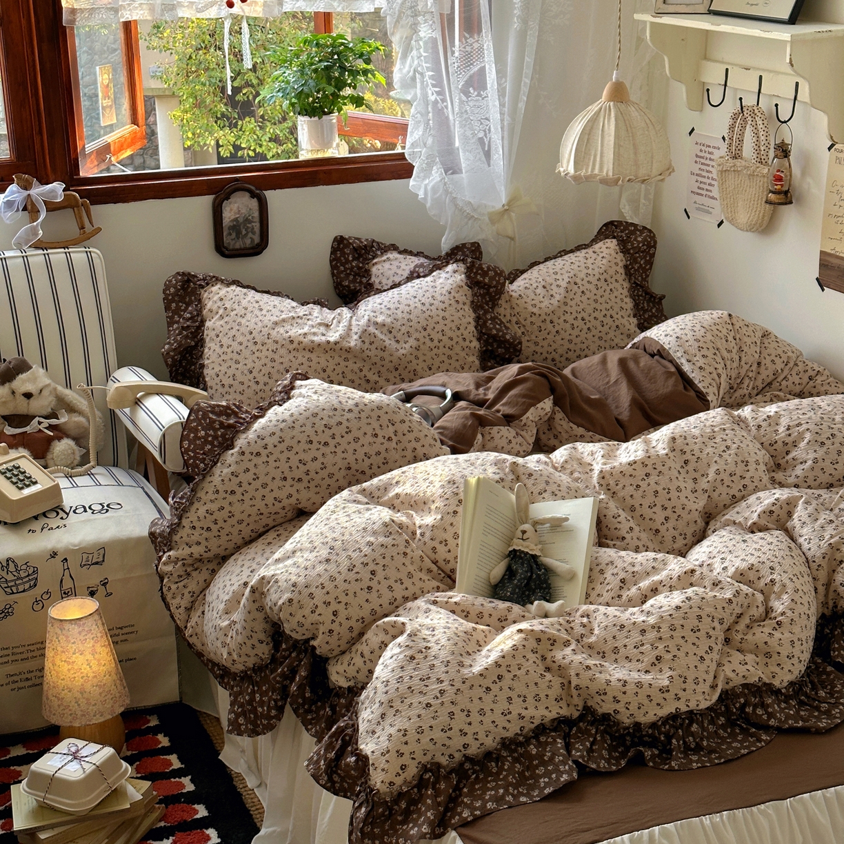 91家纺网 家纺一手货源 找家纺 阿曼达 2026新款印花复古森系小碎花花边款四件套 复古森系-木棉笺-驼