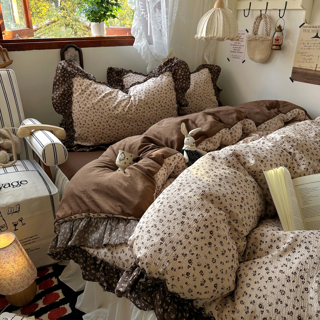 91家纺网 家纺一手货源 找家纺 阿曼达 2026新款印花复古森系小碎花花边款四件套 复古森系-木棉笺-驼