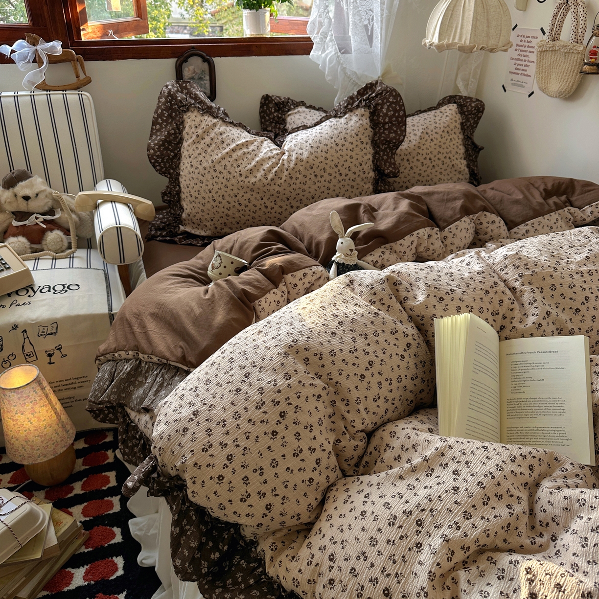 91家纺网 家纺一手货源 找家纺 阿曼达 2026新款印花复古森系小碎花花边款四件套 复古森系-木棉笺-驼