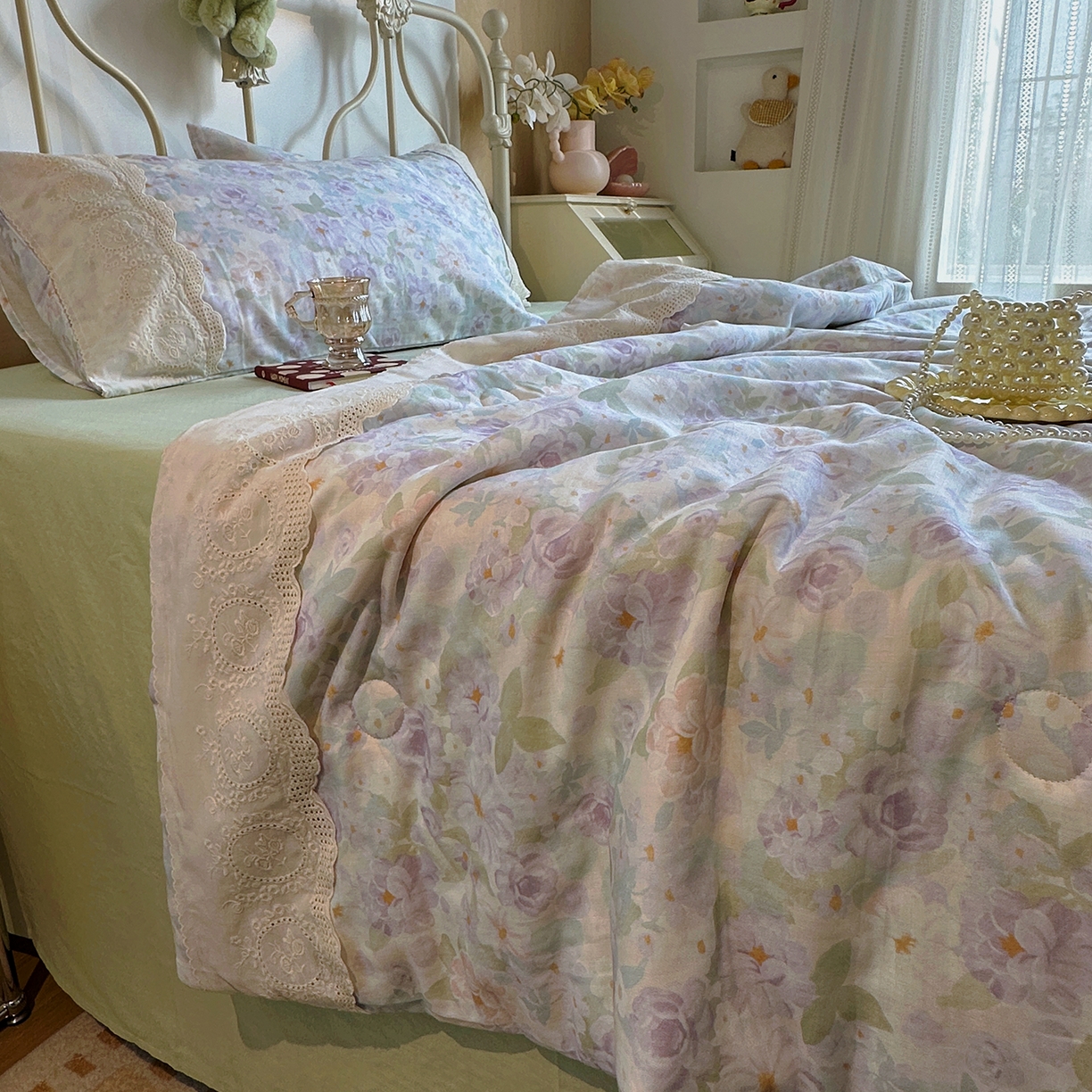 91家纺网 家纺一手货源 找家纺 （总）绫韵家纺 2026夏季新品A类全棉双层纱法式大花边夏被四件套