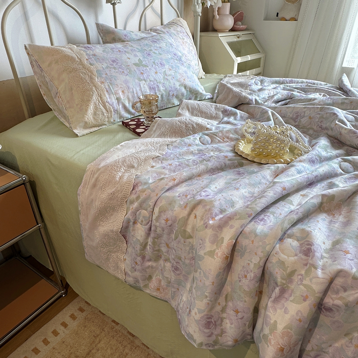 91家纺网 家纺一手货源 找家纺 （总）绫韵家纺 2026夏季新品A类全棉双层纱法式大花边夏被四件套