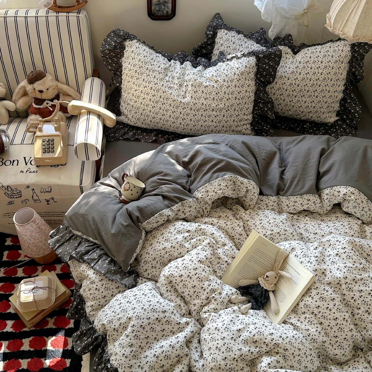 91家纺网 家纺一手货源 找家纺 阿曼达 2026新款印花复古森系小碎花花边款四件套 复古森系-松月间-米