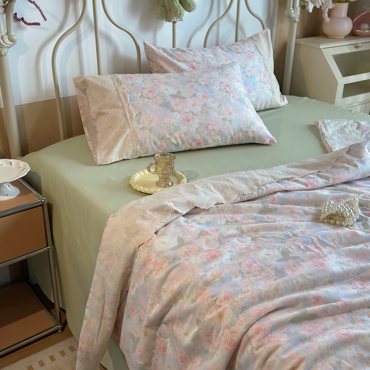 绫韵家纺 2026夏季新品A类全棉双层纱法式大花边夏被四件套 国色芳华·粉