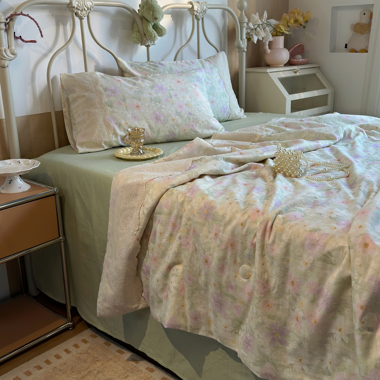 91家纺网 家纺一手货源 找家纺 绫韵家纺 2026夏季新品A类全棉双层纱法式大花边夏被四件套 仲夏之夜