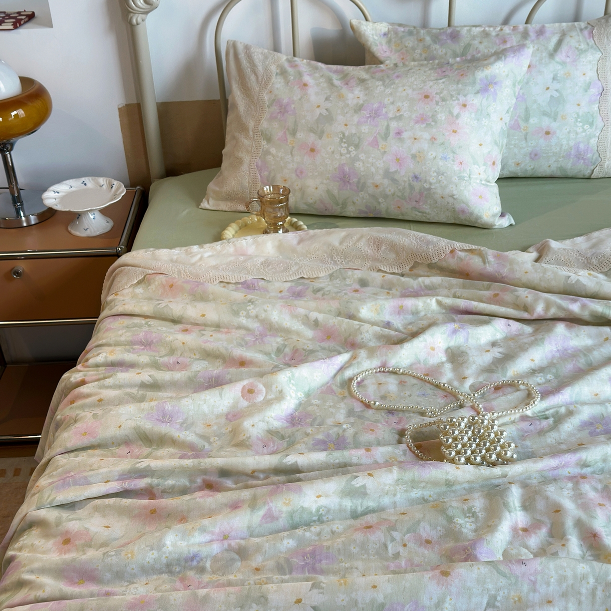 91家纺网 家纺一手货源 找家纺 绫韵家纺 2026夏季新品A类全棉双层纱法式大花边夏被四件套 仲夏之夜