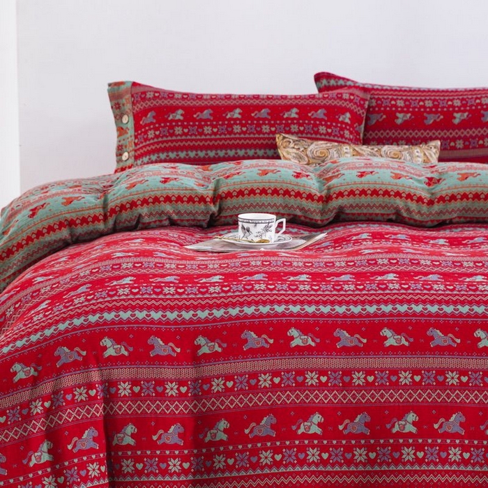 91家纺网 家纺一手货源 找家纺 （总）双层纱家居 2026新款全棉纯棉色织双层纱纽扣款四件套-小马奔奔