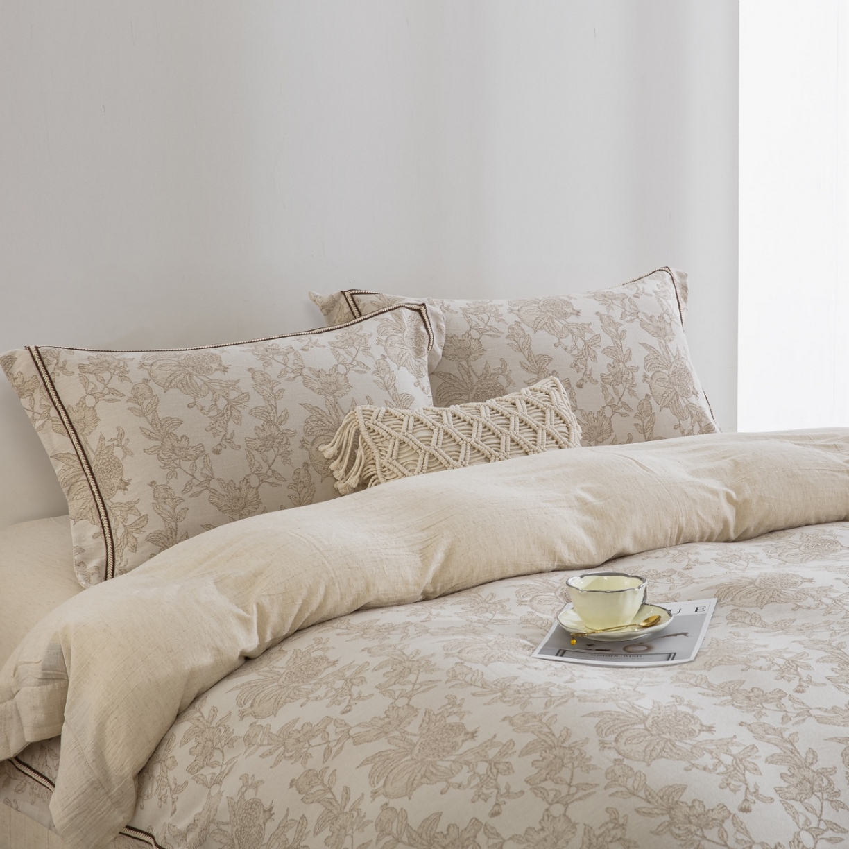 91家纺网 家纺一手货源 找家纺 （总）双层纱家居 2026新款棉麻色织大提花织带款四件套-朱榴