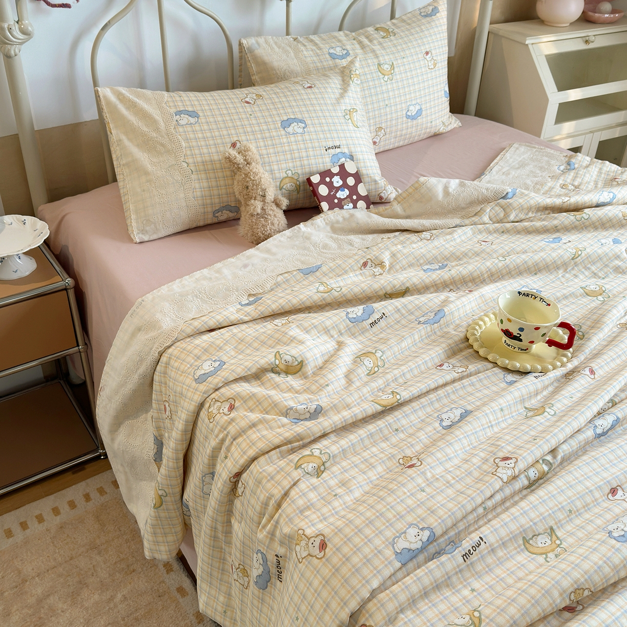 绫韵家纺 2026夏季新品A类全棉双层纱法式大花边夏被四件套 星月小熊蓝