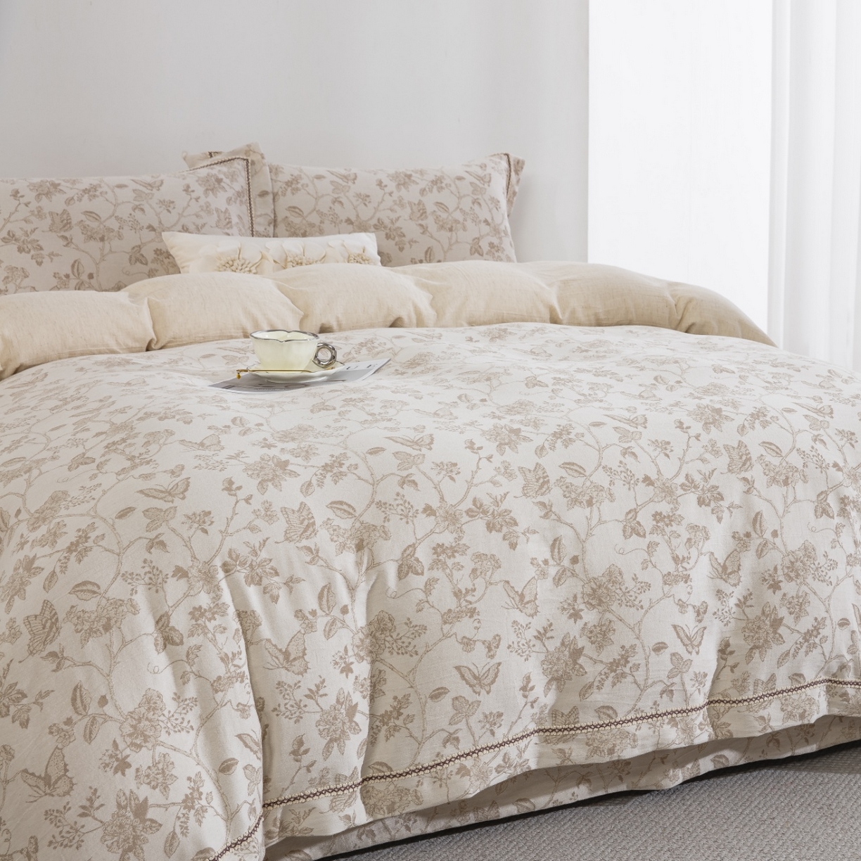 91家纺网 家纺一手货源 找家纺 （总）双层纱家居 2026新款棉麻色织大提花织带款四件套-蝶蔓