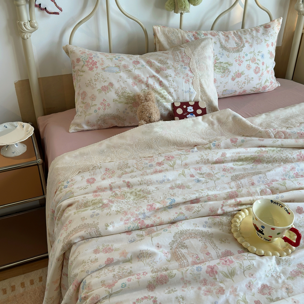 绫韵家纺 2026夏季新品A类全棉双层纱法式大花边夏被四件套 庄园秘境