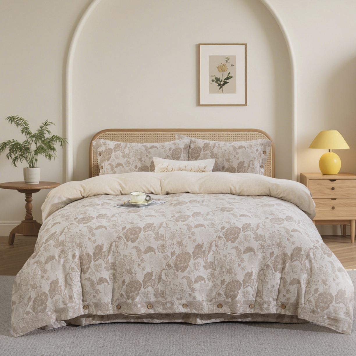 （总）双层纱家居 2026新款棉麻色织大提花纽扣款四件套