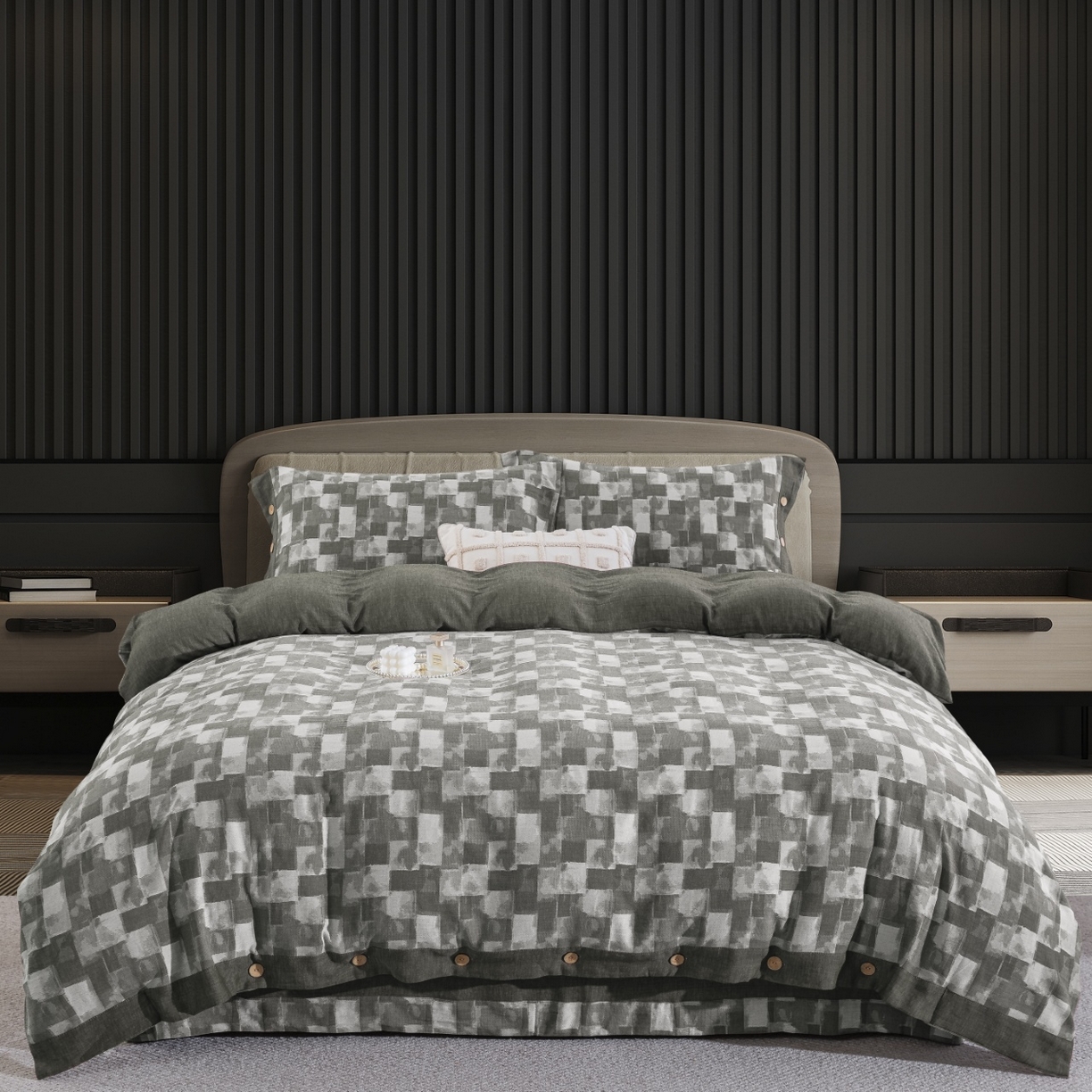 91家纺网 家纺一手货源 找家纺 双层纱家居 2026新款都市万象全棉纯棉色织提花纽扣款四件套 都市万象-绿