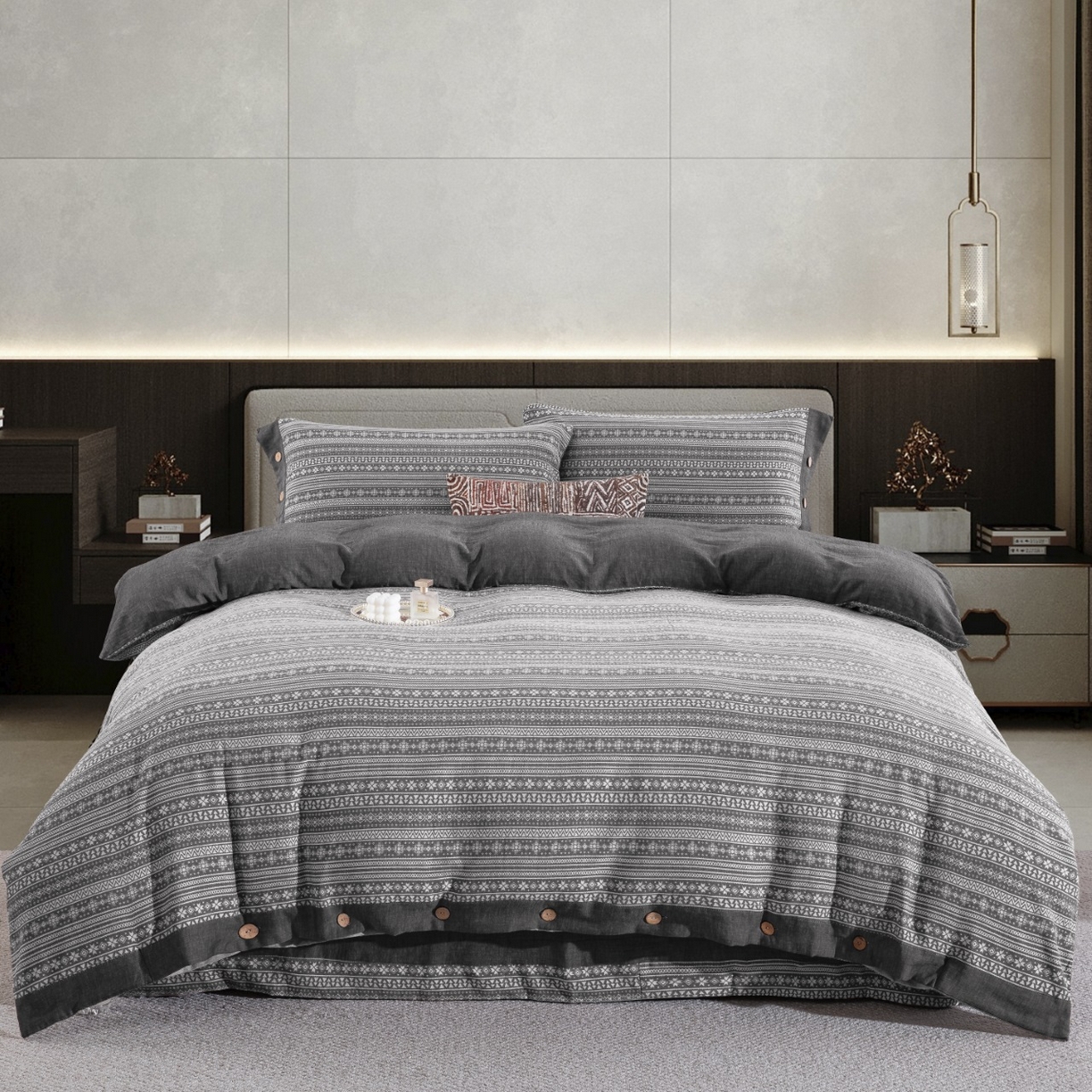 双层纱家居 2026新款布拉格全棉纯棉色织提花纽扣款四件套 布拉格-灰