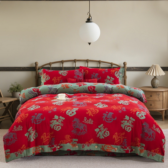 （总）双层纱家居 2026新款马上暴富全棉纯棉色织提花双层纱纽扣款四件套