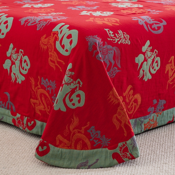 91家纺网 家纺一手货源 找家纺 （总）双层纱家居 2026新款马上暴富全棉纯棉色织提花双层纱纽扣款四件套