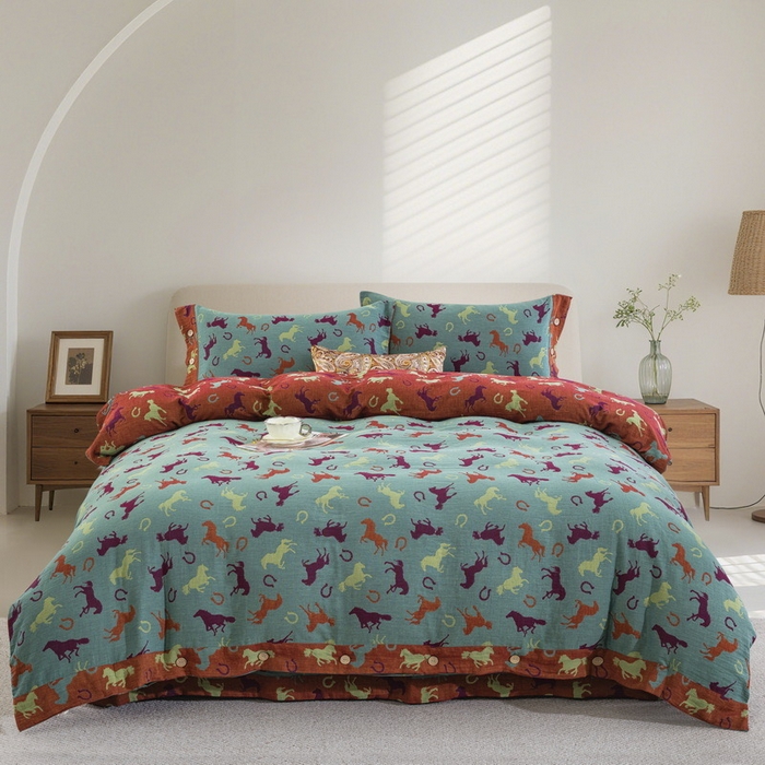 91家纺网 家纺一手货源 找家纺 （总）双层纱家居 2026新款马上有钱全棉纯棉色织提花双层纱纽扣款四件套