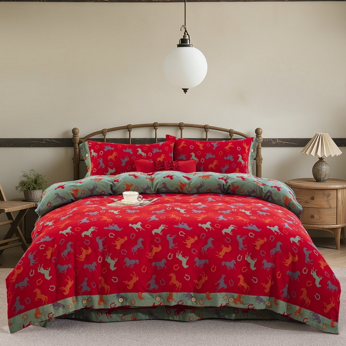 双层纱家居 2026新款马上有钱全棉纯棉色织提花双层纱纽扣款四件套 马上有钱-正红