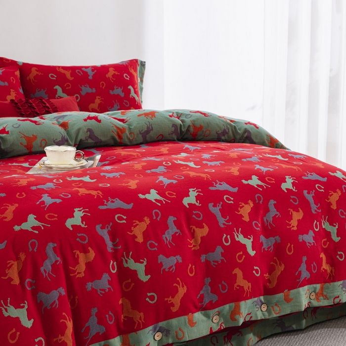 91家纺网 家纺一手货源 找家纺 双层纱家居 2026新款马上有钱全棉纯棉色织提花双层纱纽扣款四件套 马上有钱-正红