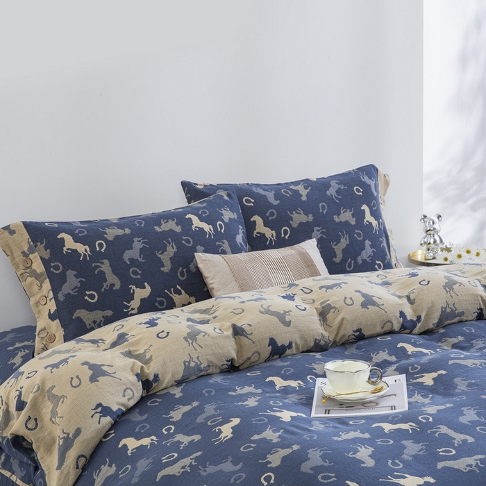 91家纺网 家纺一手货源 找家纺 双层纱家居 2026新款马上有钱全棉纯棉色织提花双层纱纽扣款四件套 马上有钱-蓝白