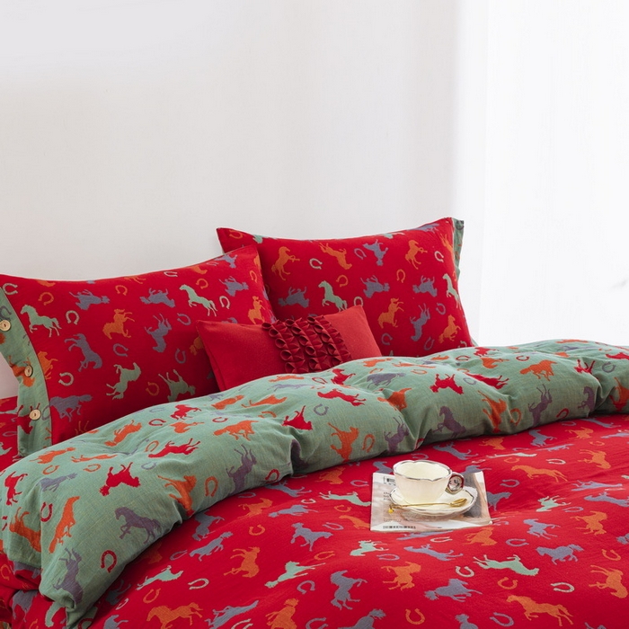 91家纺网 家纺一手货源 找家纺 双层纱家居 2026新款马上有钱全棉纯棉色织提花双层纱纽扣款四件套 马上有钱-正红