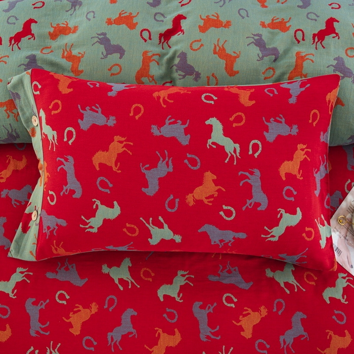 91家纺网 家纺一手货源 找家纺 双层纱家居 2026新款马上有钱全棉纯棉色织提花双层纱纽扣款四件套 马上有钱-正红