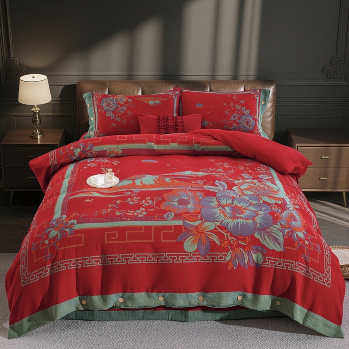 91家纺网 家纺一手货源 找家纺 （总）双层纱家居 2026新款水墨丹青大版定位全棉纯棉色织提花双层纱纽扣款四件套