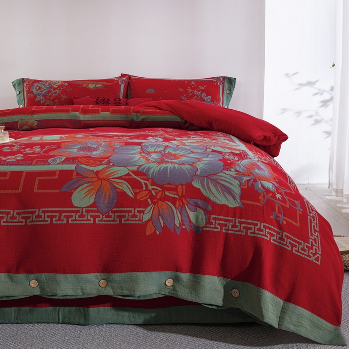 91家纺网 家纺一手货源 找家纺 （总）双层纱家居 2026新款水墨丹青大版定位全棉纯棉色织提花双层纱纽扣款四件套