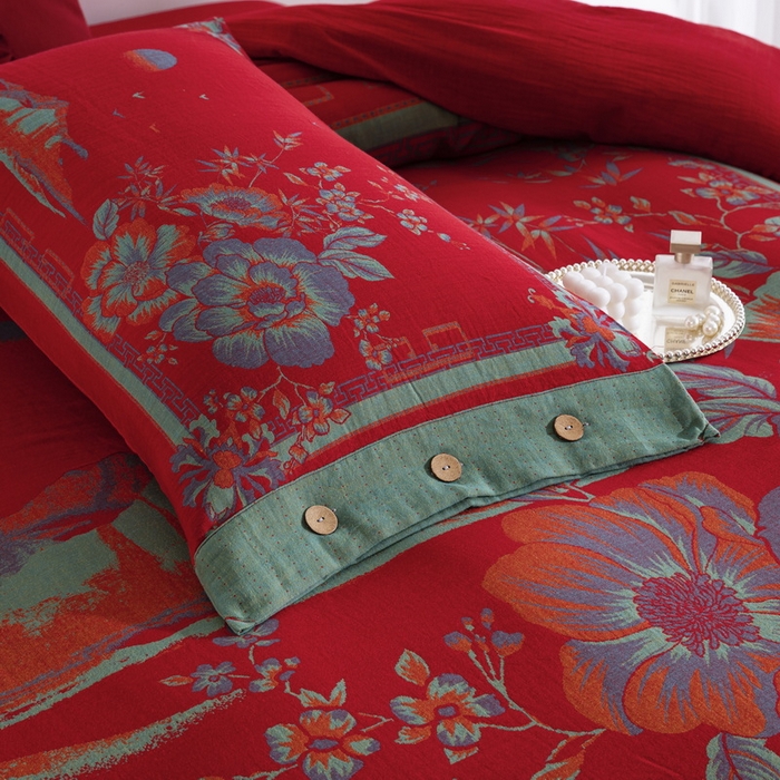 91家纺网 家纺一手货源 找家纺 （总）双层纱家居 2026新款水墨丹青大版定位全棉纯棉色织提花双层纱纽扣款四件套