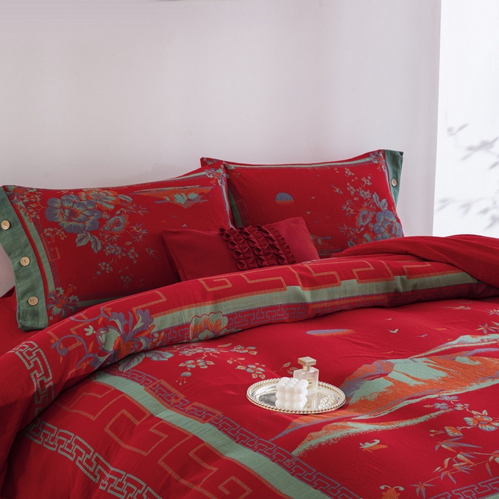 91家纺网 家纺一手货源 找家纺 （总）双层纱家居 2026新款水墨丹青大版定位全棉纯棉色织提花双层纱纽扣款四件套