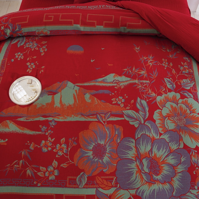 91家纺网 家纺一手货源 找家纺 （总）双层纱家居 2026新款水墨丹青大版定位全棉纯棉色织提花双层纱纽扣款四件套