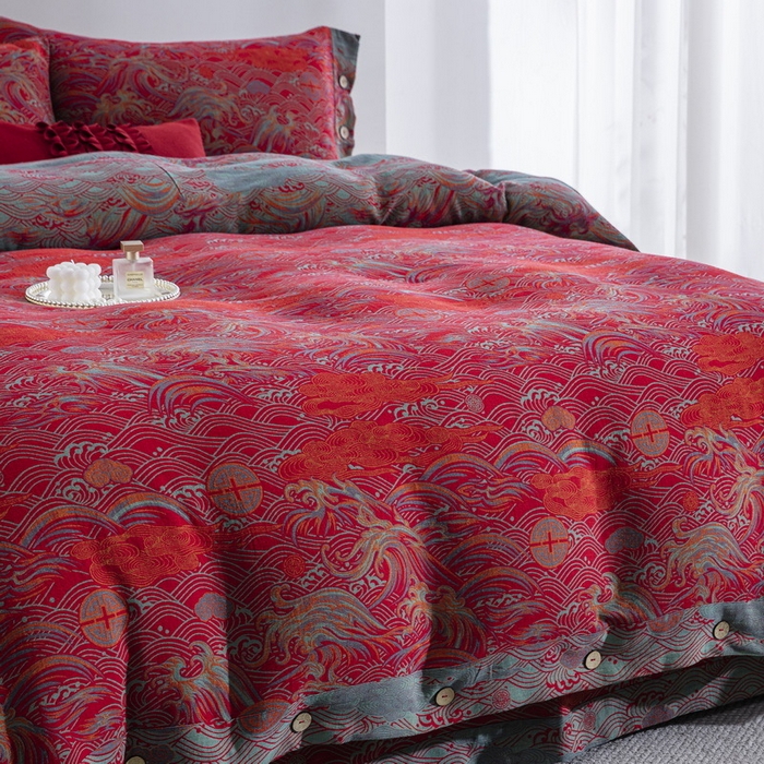 91家纺网 家纺一手货源 找家纺 （总）双层纱家居 2026新款祥云新中式全棉纯棉色织提花双层纱纽扣款四件套