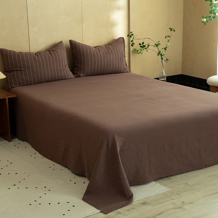 91家纺网 家纺一手货源 找家纺 双层纱家居 2026新款青春律动全棉纯棉色织双层纱四件套 青春律动-咖