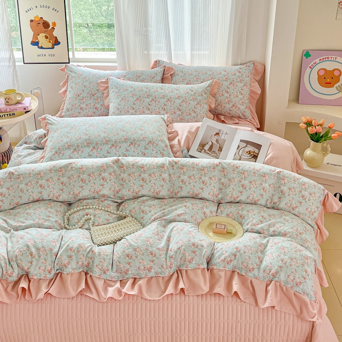 91家纺网 家纺一手货源 找家纺 （总）斯卡诺家纺 2026新款韩版花边古法水洗仿棉床盖四件套花边床单四件套