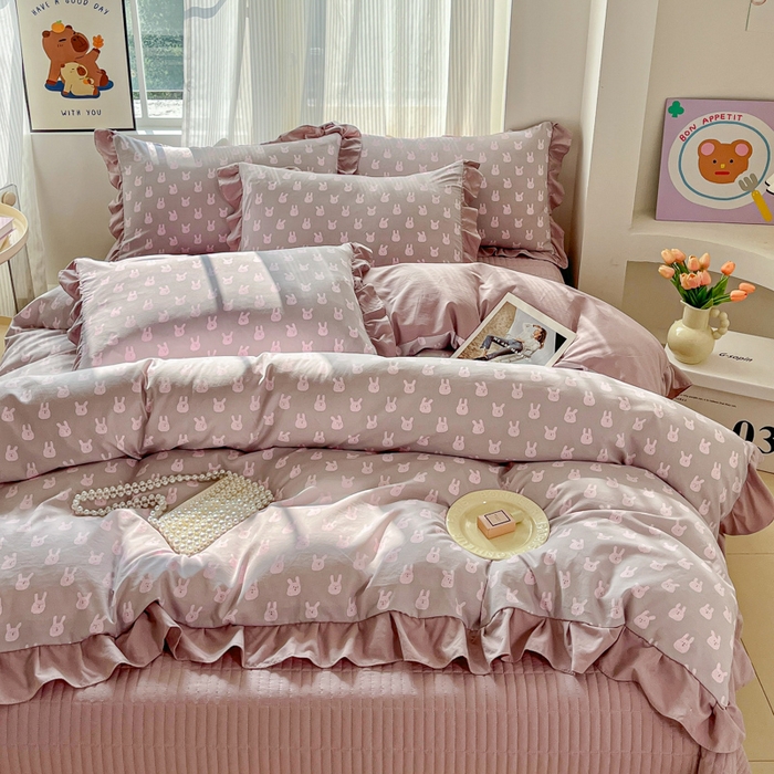 91家纺网 家纺一手货源 找家纺 （总）斯卡诺家纺 2026新款韩版花边古法水洗仿棉床盖四件套花边床单四件套