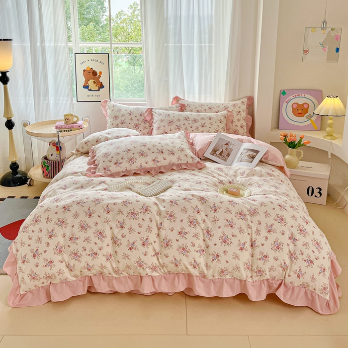 91家纺网 家纺一手货源 找家纺 （总）斯卡诺家纺 2026新款韩版花边古法水洗仿棉床盖四件套花边床单四件套