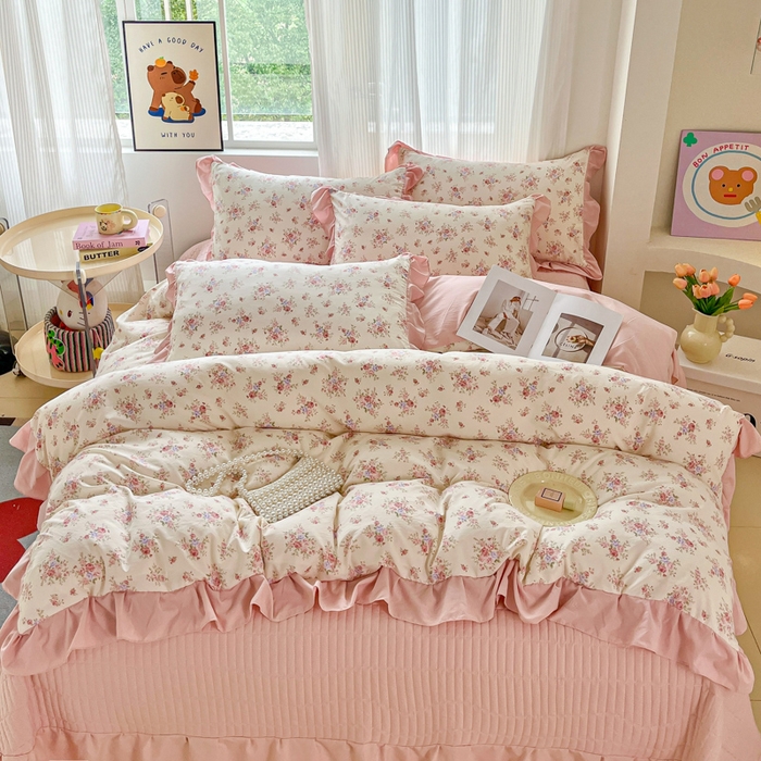 91家纺网 家纺一手货源 找家纺 （总）斯卡诺家纺 2026新款韩版花边古法水洗仿棉床盖四件套花边床单四件套