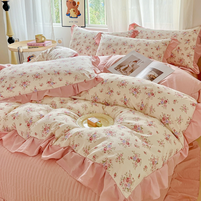 91家纺网 家纺一手货源 找家纺 （总）斯卡诺家纺 2026新款韩版花边古法水洗仿棉床盖四件套花边床单四件套