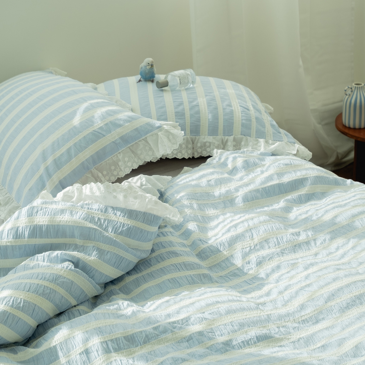 91家纺网 家纺一手货源 找家纺 （总）双层纱家居 2026新款蓝色海洋色织提花蕾丝花边款四件套