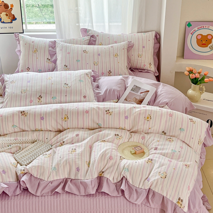 91家纺网 家纺一手货源 找家纺 斯卡诺家纺 2026新款韩版花边古法水洗仿棉床盖四件套花边床单四件套 喵星人-韩版花边