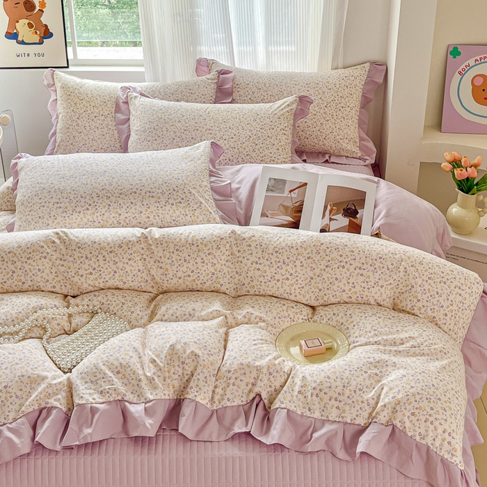 91家纺网 家纺一手货源 找家纺 斯卡诺家纺 2026新款韩版花边古法水洗仿棉床盖四件套花边床单四件套 花千朵-韩版花边