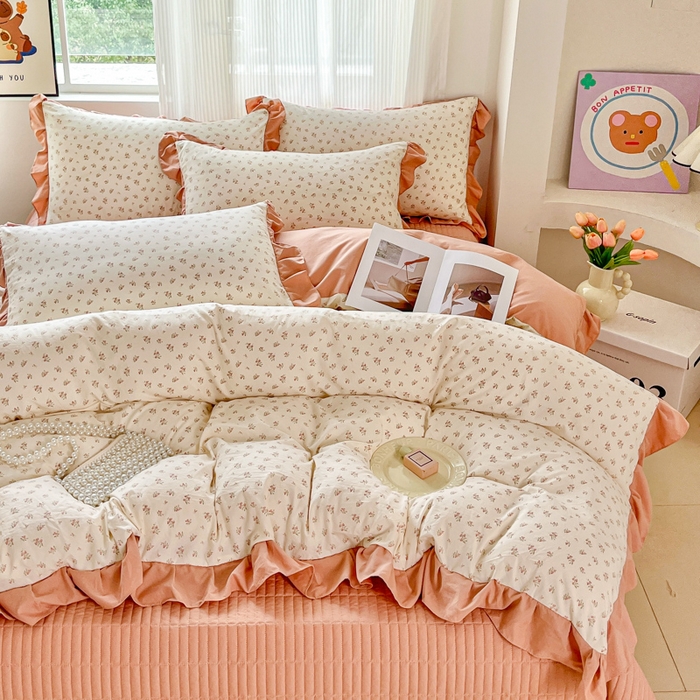 91家纺网 家纺一手货源 找家纺 斯卡诺家纺 2026新款韩版花边古法水洗仿棉床盖四件套花边床单四件套 小夜曲粉-韩版花边