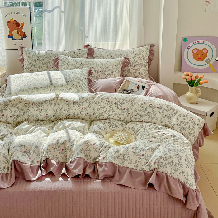 91家纺网 家纺一手货源 找家纺 斯卡诺家纺 2026新款韩版花边古法水洗仿棉床盖四件套花边床单四件套 满园春色-韩版花边