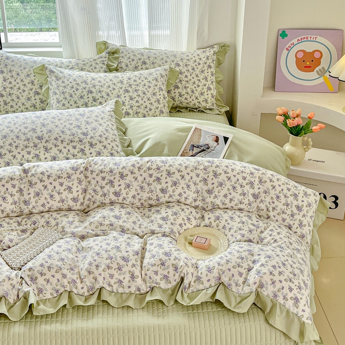 91家纺网 家纺一手货源 找家纺 斯卡诺家纺 2026新款韩版花边古法水洗仿棉床盖四件套花边床单四件套 觅时光-韩版花边