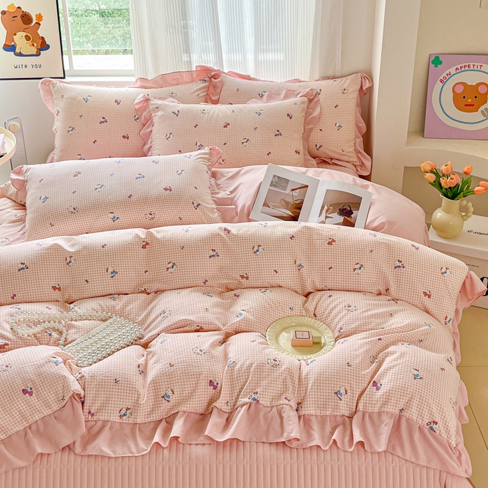 91家纺网 家纺一手货源 找家纺 斯卡诺家纺 2026新款韩版花边古法水洗仿棉床盖四件套花边床单四件套 凯蒂猫-韩版花边