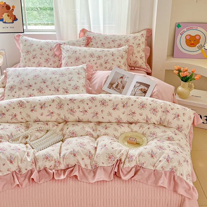 91家纺网 家纺一手货源 找家纺 斯卡诺家纺 2026新款韩版花边古法水洗仿棉床盖四件套花边床单四件套 红粉佳人-韩版花边